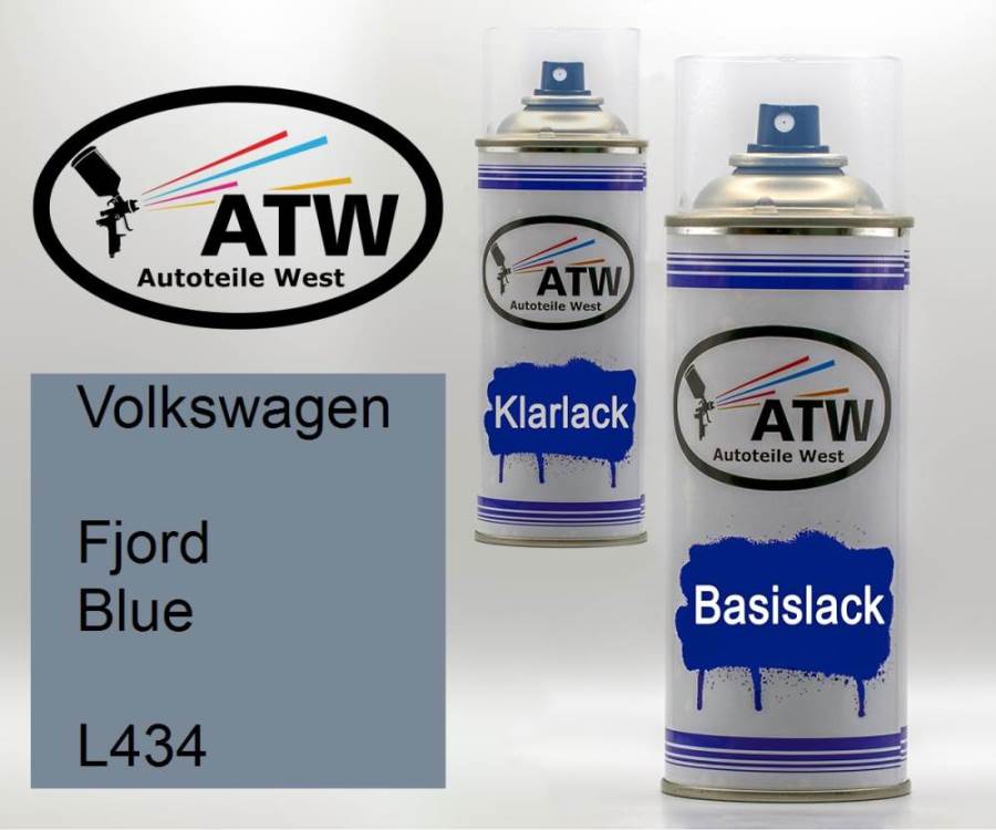 Volkswagen, Fjord Blue, L434: 400ml Sprühdose + 400ml Klarlack - Set, von ATW Autoteile West.